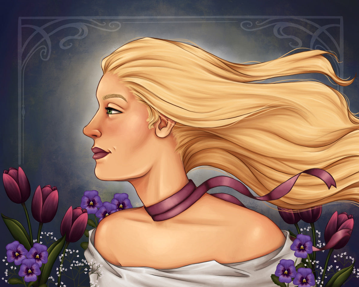 Digital illustration of a blonde woman in profile with flowing hair, wearing a white top and a purple ribbon choker, surrounded by purple flowers against a dark blue background.