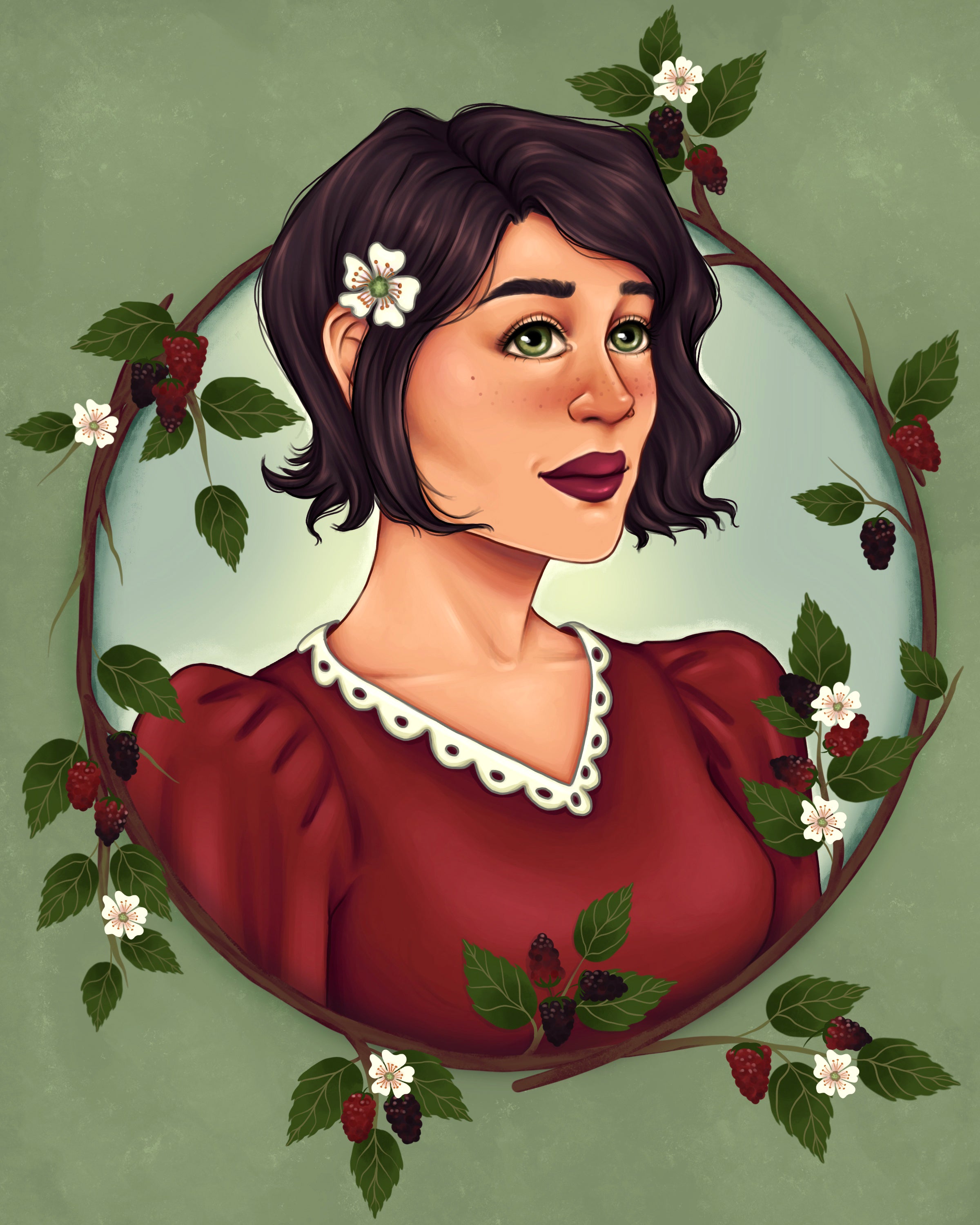 Illustration of a woman with flowers and berries in her hair on a green background