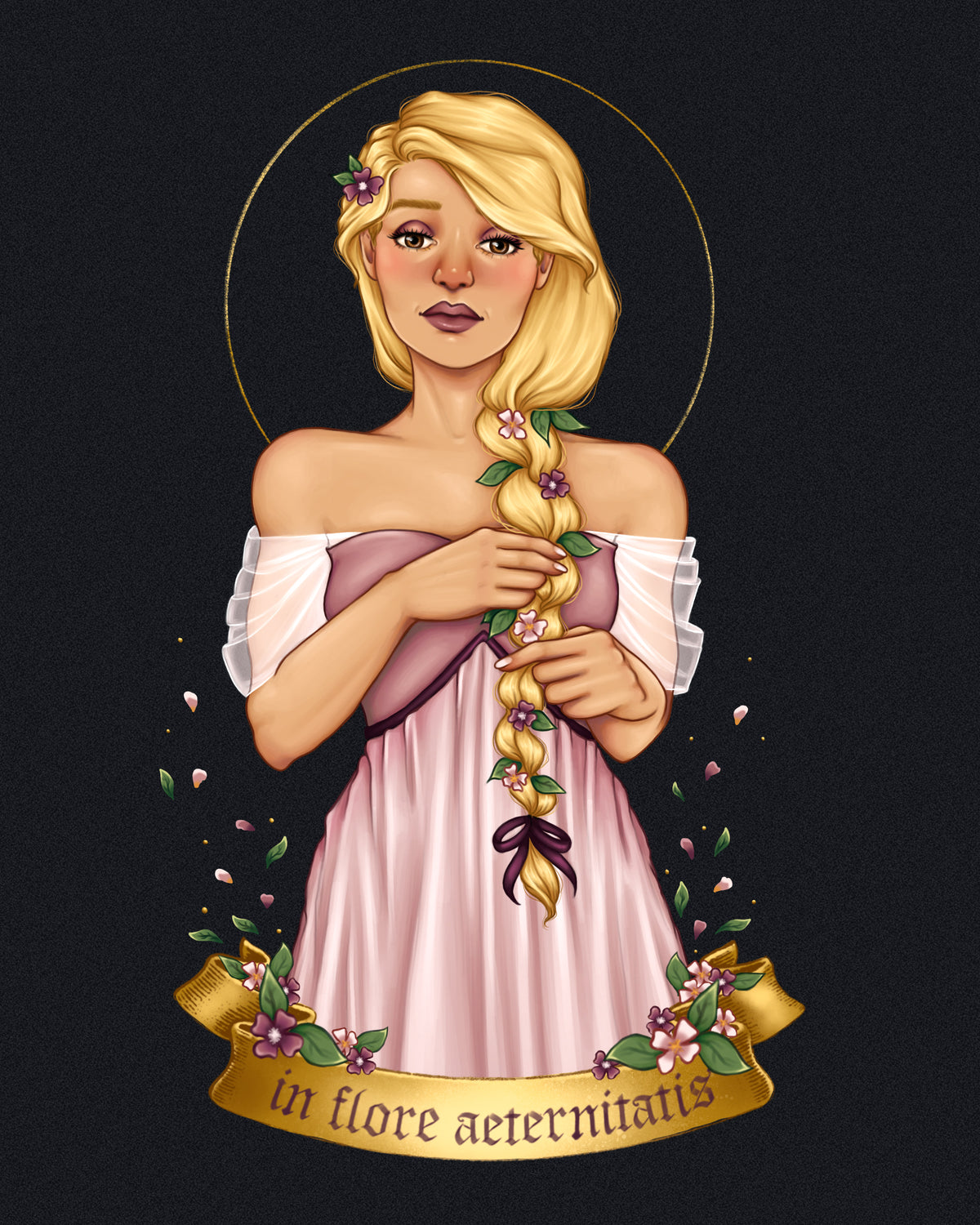 A stylized illustration of a blonde woman with a long braided ponytail, wearing an off-the-shoulder pink dress and white ruffled sleeves, holding flowers along the braid. She is set against a dark background with a gold halo outline and a gold banner at the bottom reading 'in flore aeternitatis'.