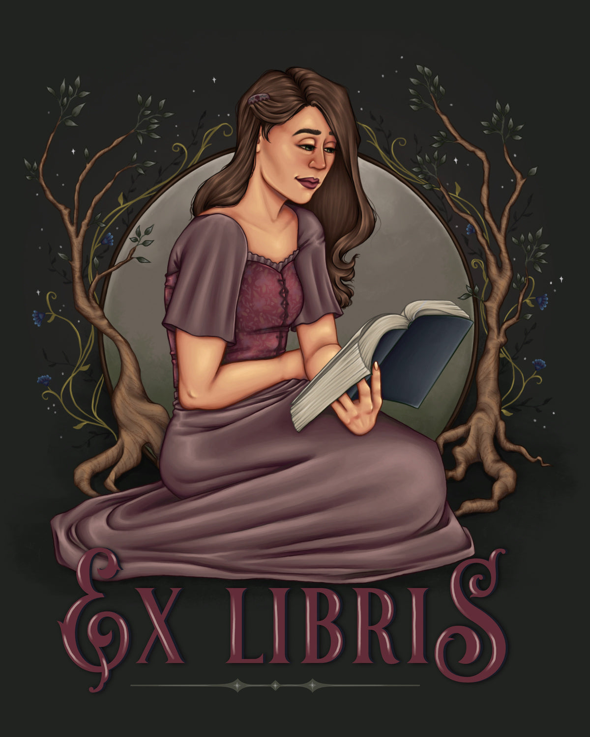 Fantasy-style illustration of a woman in a purple gown sitting and reading an open book, framed by decorative tree branches and the text 'EX LIBRI' at the bottom on a dark background.