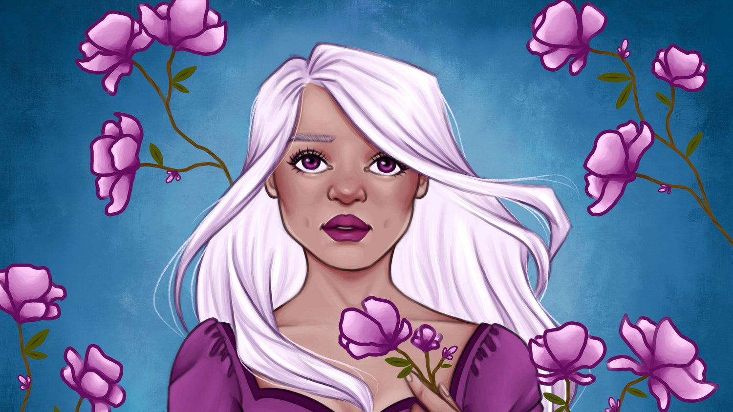 Woman with white hair and purple clothing surrounded by pink flowers on a blue background