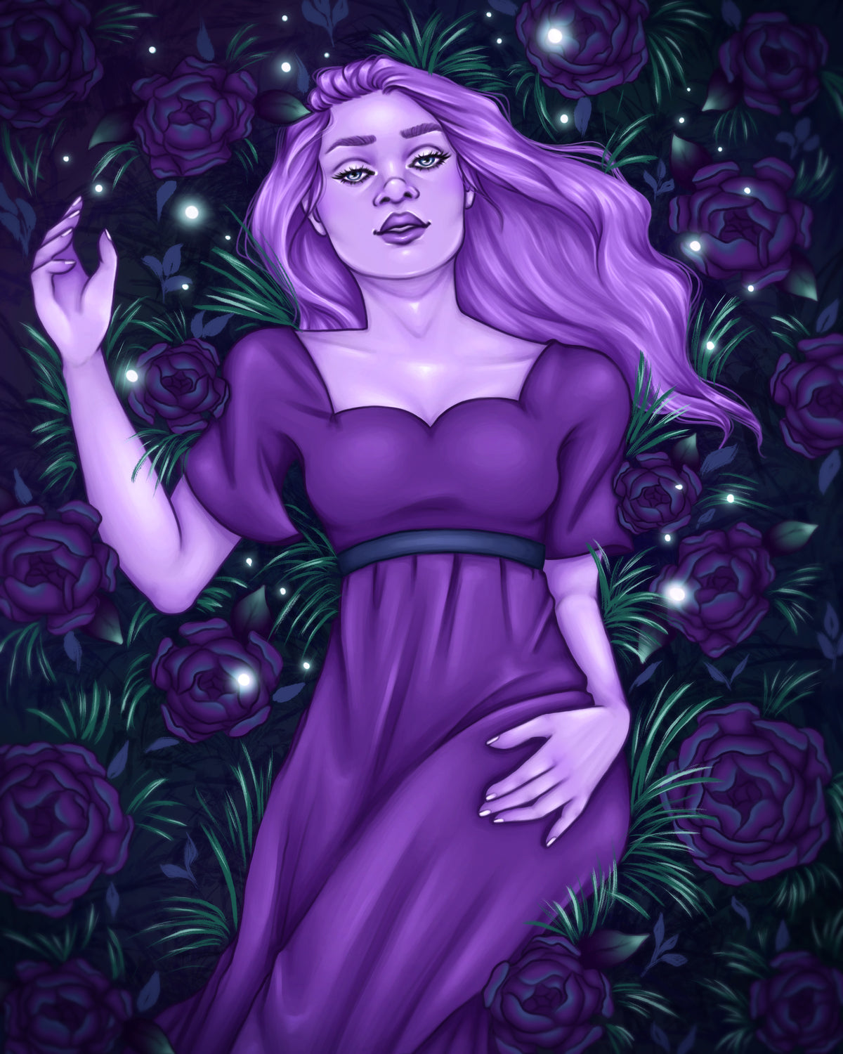 Digital illustration of a woman with long purple hair wearing a purple gown, surrounded by dark purple roses and glowing green fireflies against a dark background.