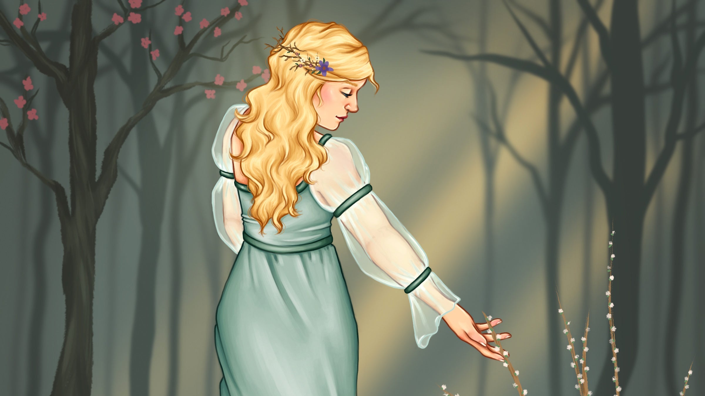Woman in a long, light blue dress standing in a forest with flowers and trees.
