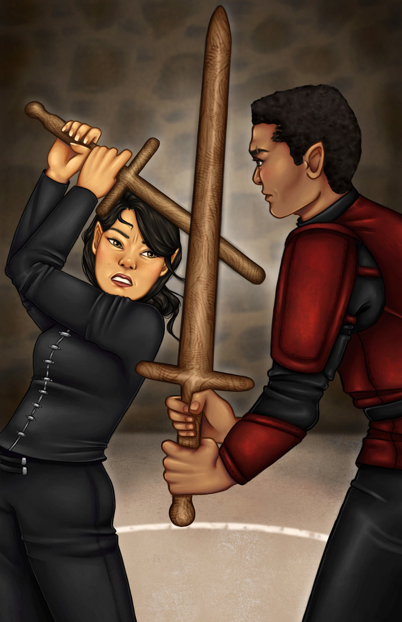 Digital illustration of two fantasy characters in combat, one wielding a wooden sword overhead and the other holding a large wooden sword in a defensive stance. The character on the left wears a black tunic, and the character on the right wears a red and black armored plate suit against a textured gray background.