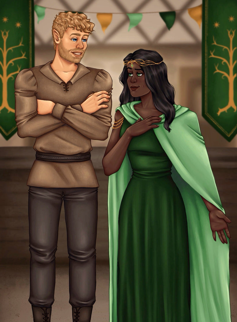 Digital illustration of a medieval-style couple standing indoors. The man has blond hair and wears a brown tunic, dark pants, and boots.
