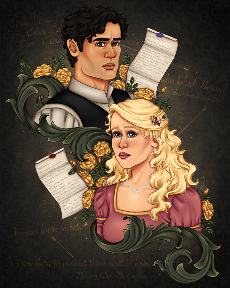 A stylized digital illustration of a man and a woman in period clothing on a dark textured background, surrounded by yellow roses, green ornamental flourishes, and floating handwritten letters. The artwork appears to be the product itself rather than a photo of a physical object, so this fits Scenery per the schema for art/prints/posters where the depicted scene is the product.