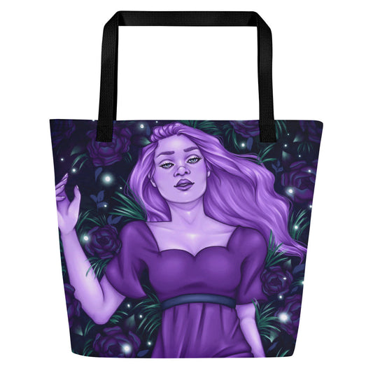 mockup of tote bag, fantasy ethereal woman laying in a dark garden, purple and green accents